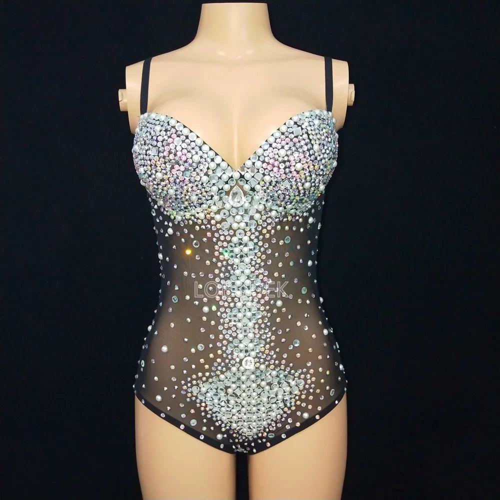 Sexy V Neck Perspective Mesh Elastic Crystals Bodysuit Women Dancer Stage Performance Costume Luxurious Gemstones Pearls Tights