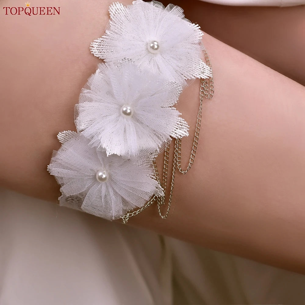 TopQueen ST66 Leg Ring Bride Sexy Lace Flower Rhinestones Pearls Wedding Garter Belt Bridal White Thigh Leg Accessories
