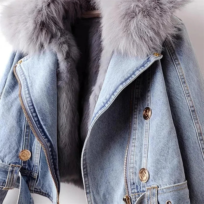 2024 Autumn Winter New Detachable Faux Fox fur Rabbit fur inner lining Denim Jacket Women's Short Top Female Warm Parker Outwear