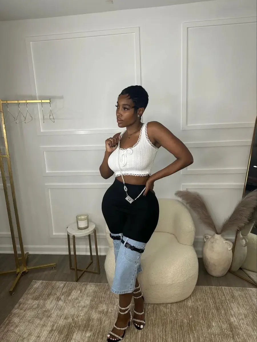 CM.YAYA Women Streetwear Ripped Jeans 2024 Summer Patchwork Chic INS High Waist Fly Calf-Length Knee Length Denim Pants