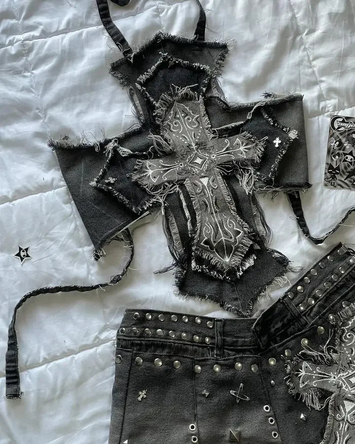 New Two Piece Sets Womens Outifits Retro Gothic Graphic Patch Y2K Clothing Denim Skirt Sets Suspender Slim Fashion Short Top