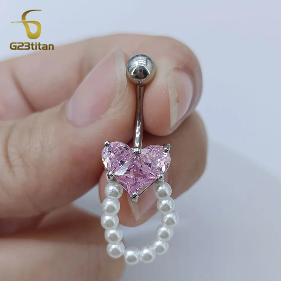 G23Titan Pink Zircon Heart Belly Ring Hanging Pearl Women Sexy Navel Jewelry Surgical Titanium Barbell Nombril Ombligo Piercing