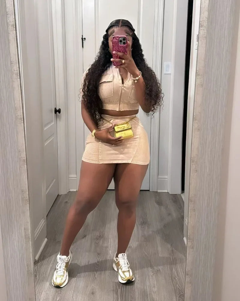Women Solid Ribbed Patchwork 2 Piece Set Zip-up Short Sleeve Pockets Slim Crop Tops + Bodycon Mini Skirts Casual Streetwear Suit
