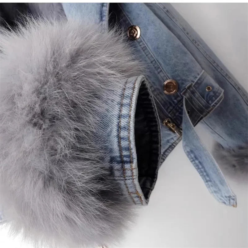 2024 Autumn Winter New Detachable Faux Fox fur Rabbit fur inner lining Denim Jacket Women's Short Top Female Warm Parker Outwear