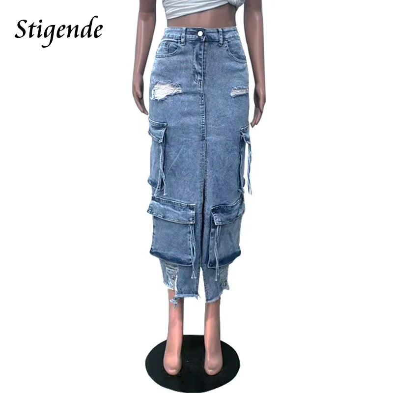 Stigende Women's High Split Ripped Denim Maxi Skirt with Multiple Pockets Distressed Lace Up Jeans Cargo Skirt Y2k