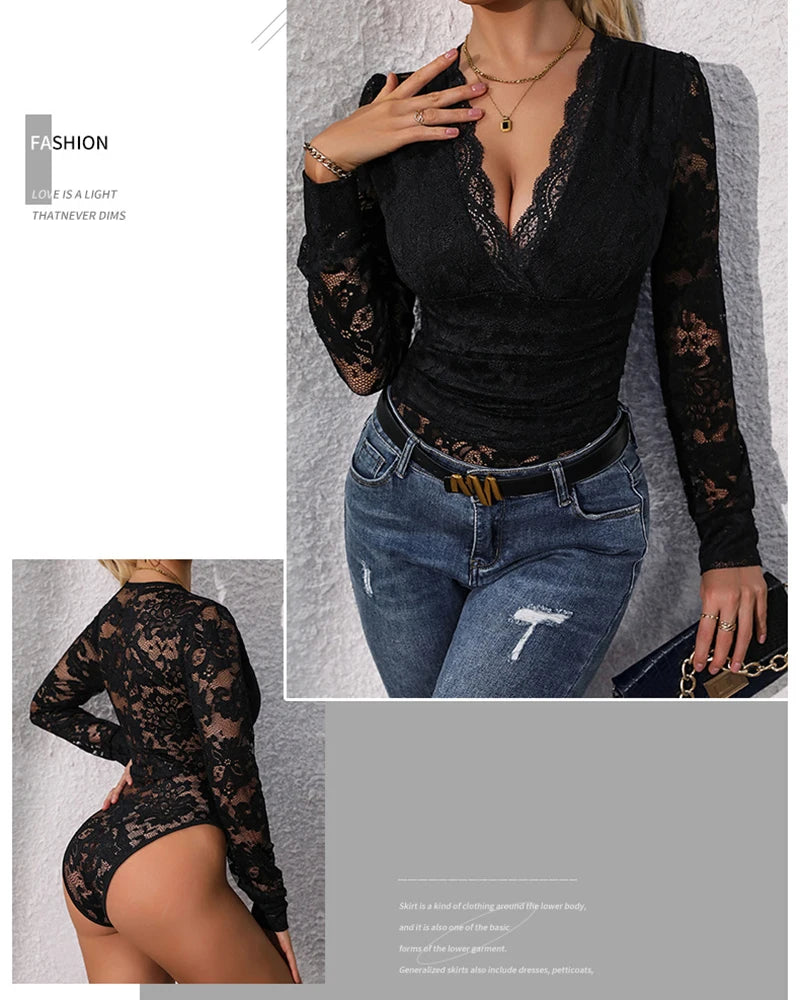 Womens Lace Essential Bodysuit Jumpsuit Deep V Neck Long Sleeve Slim Fit Stretch T-shirt Sheer Skinny Romper Nightwear Clubwear