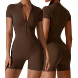 Plus Size Jumpsuit For Women'S Solid Color Summer Zippered Short Sleeve Yoga Shapewear For Dance Fitness Tight Workout Romper