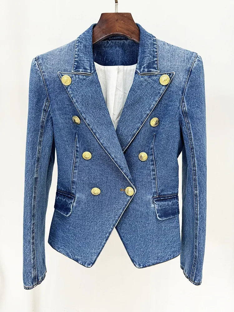 HIGH QUALITY Newest 2025 Designer Runway Blazer Women's Slim Fitting Double Breasted Lion Buttons Denim Jacket Mini Skirt