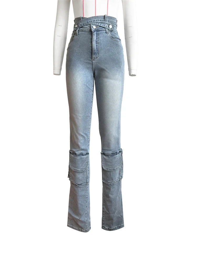 Weird Puss Distressed Irregular Jeans Women Button Zipper Waist Multiple Pockets Autumn Trend Skinny Stretch Streetwear Bottoms