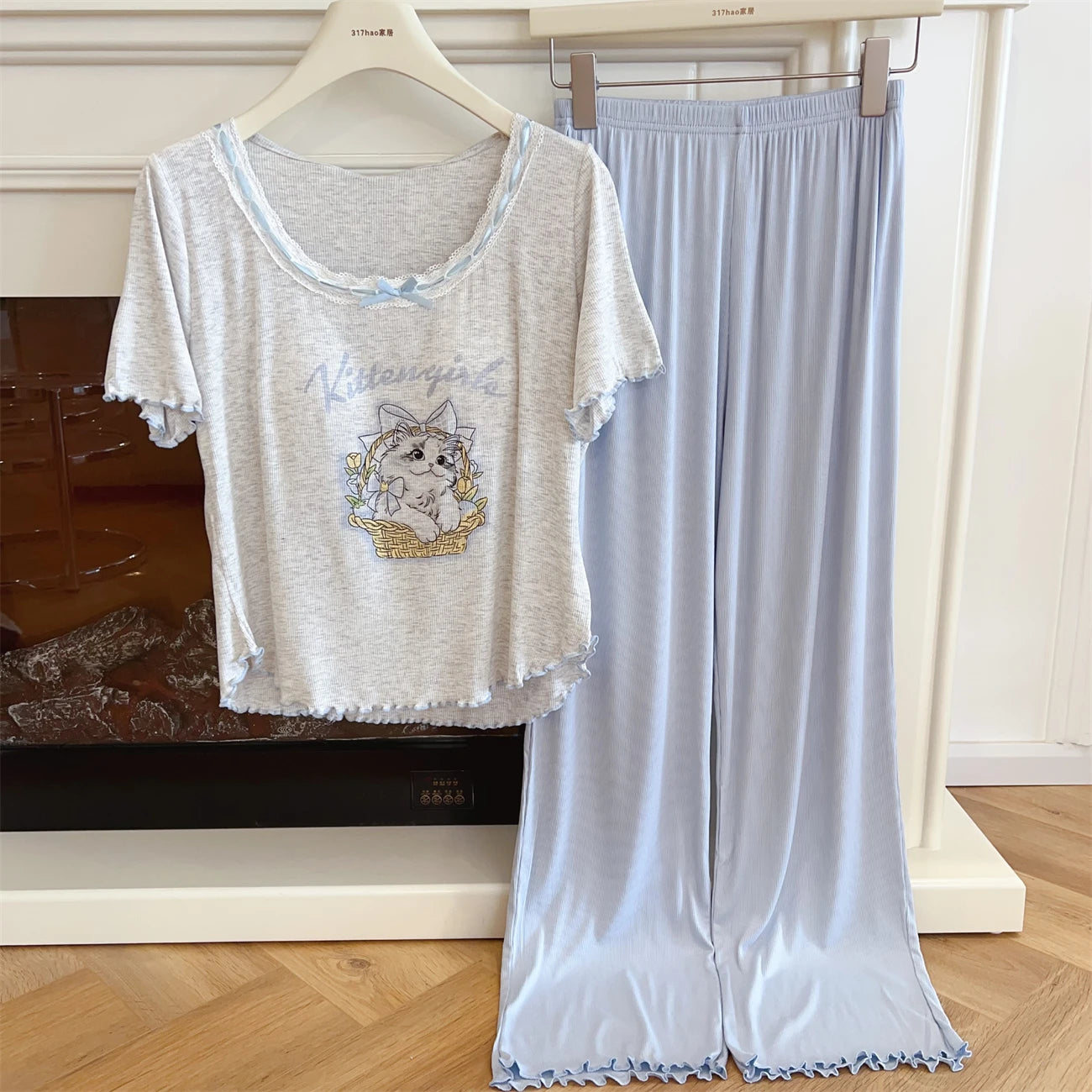 Modal Pajama Sets Sweet Cat Loose Long Sleeve Round Collar Bow Short T Shirt Women's Spring and Autumn Soft Sleepwear