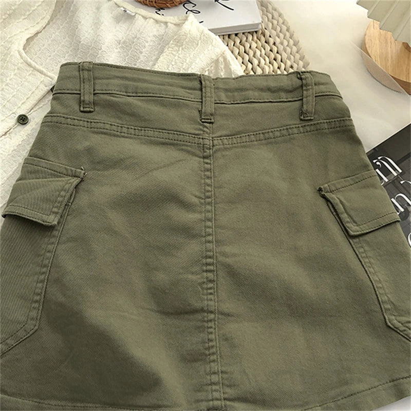 Plus Size Pockets Lace-Up Vintage Denim Skirt Summer Loose Casual Solid Mini Skirts Spring Korean Fashion Faldas Women Clothes