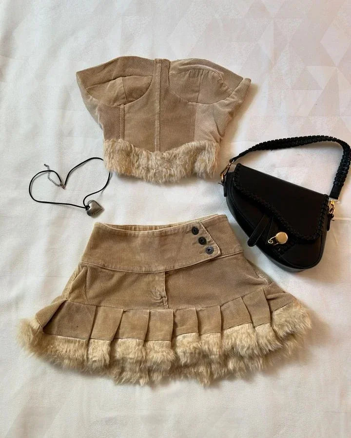 New Two Piece Sets Womens Outifits Retro Gothic Graphic Patch Y2K Clothing Denim Skirt Sets Suspender Slim Fashion Short Top