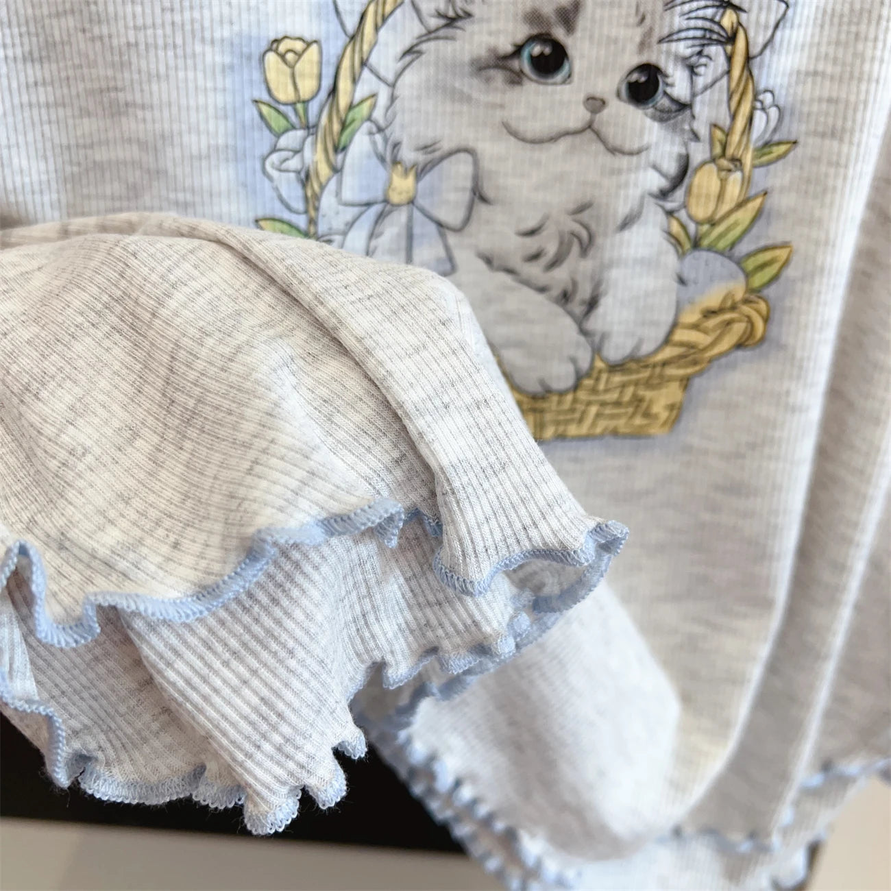 Modal Pajama Sets Sweet Cat Loose Long Sleeve Round Collar Bow Short T Shirt Women's Spring and Autumn Soft Sleepwear