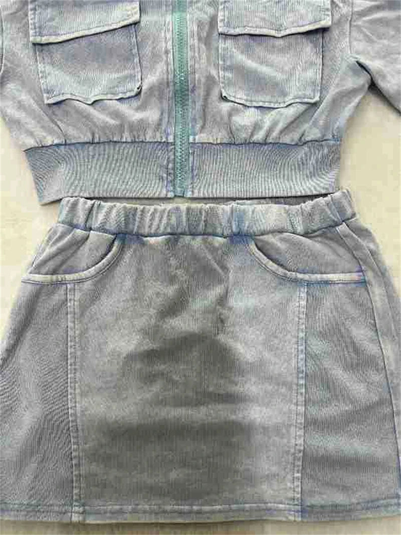 Women Solid Ribbed Patchwork 2 Piece Set Zip-up Short Sleeve Pockets Slim Crop Tops + Bodycon Mini Skirts Casual Streetwear Suit