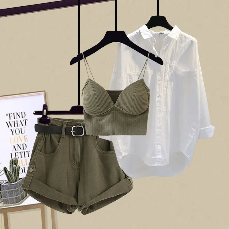 Women's Summer New Denim Shorts Matching Set Female Vintage Casual Sunscreen Shirt+suspender+High Waits Pants Three Piece Suit