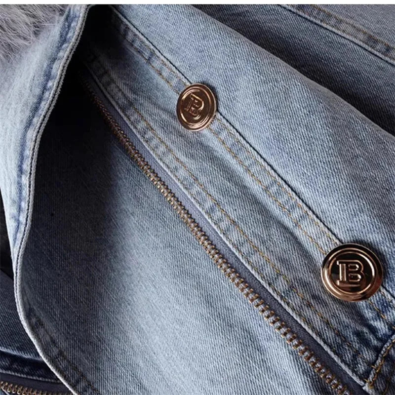 2024 Autumn Winter New Detachable Faux Fox fur Rabbit fur inner lining Denim Jacket Women's Short Top Female Warm Parker Outwear