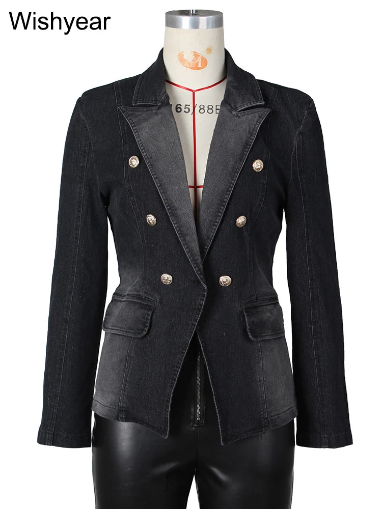 Fashion Notched Collar Long Sleeve Double Breasted Denim Coats for Women Slim Jeans Jacket Casual Streetwear Female Blazer Tops