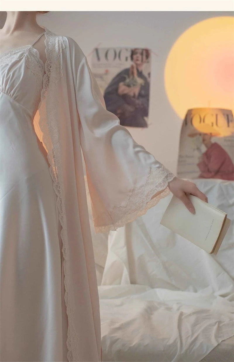 New Female Long Robe Nightgown Set Sexy Lace Trim Sleepwear Suspender Nightdress Spring Summer Casual Satin Home Dress Bathrobe