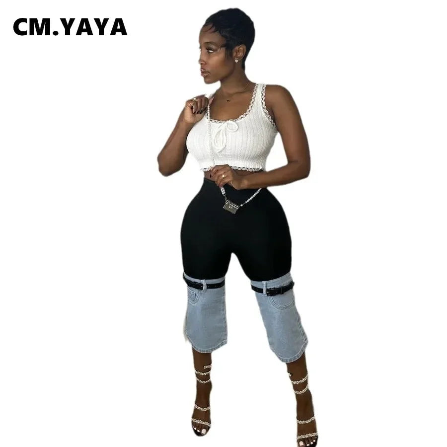CM.YAYA Women Streetwear Ripped Jeans 2024 Summer Patchwork Chic INS High Waist Fly Calf-Length Knee Length Denim Pants