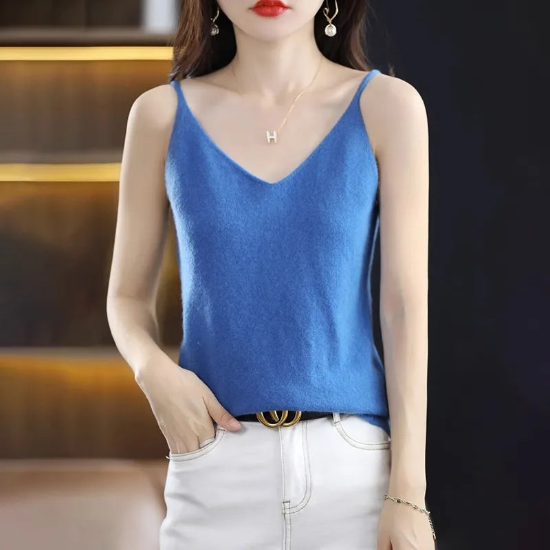 Spring Summer Women Camis Tops Solid Casual Knitted Tops Sexy V-neck Bottoming Tank Tops 2024 Knit Fashion Korean Tank Top