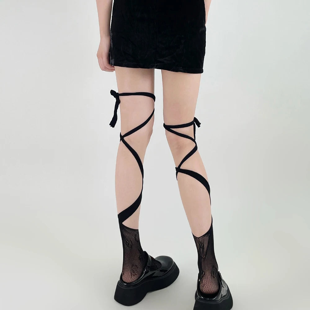 Women's Jk Tie Lace Fishnet Stockings Irregular Split-toe Calf Socks Middle Tube Socks Straps Summer Sexy Long Japanese Socks