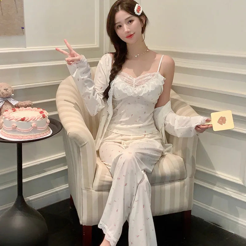 Women Pajama Sets Soft Modal Pijamas Mujer Sleepwear Lady Spring Summer New Nightwear Femme 3 Pieces Sets Lace Trim Homewear