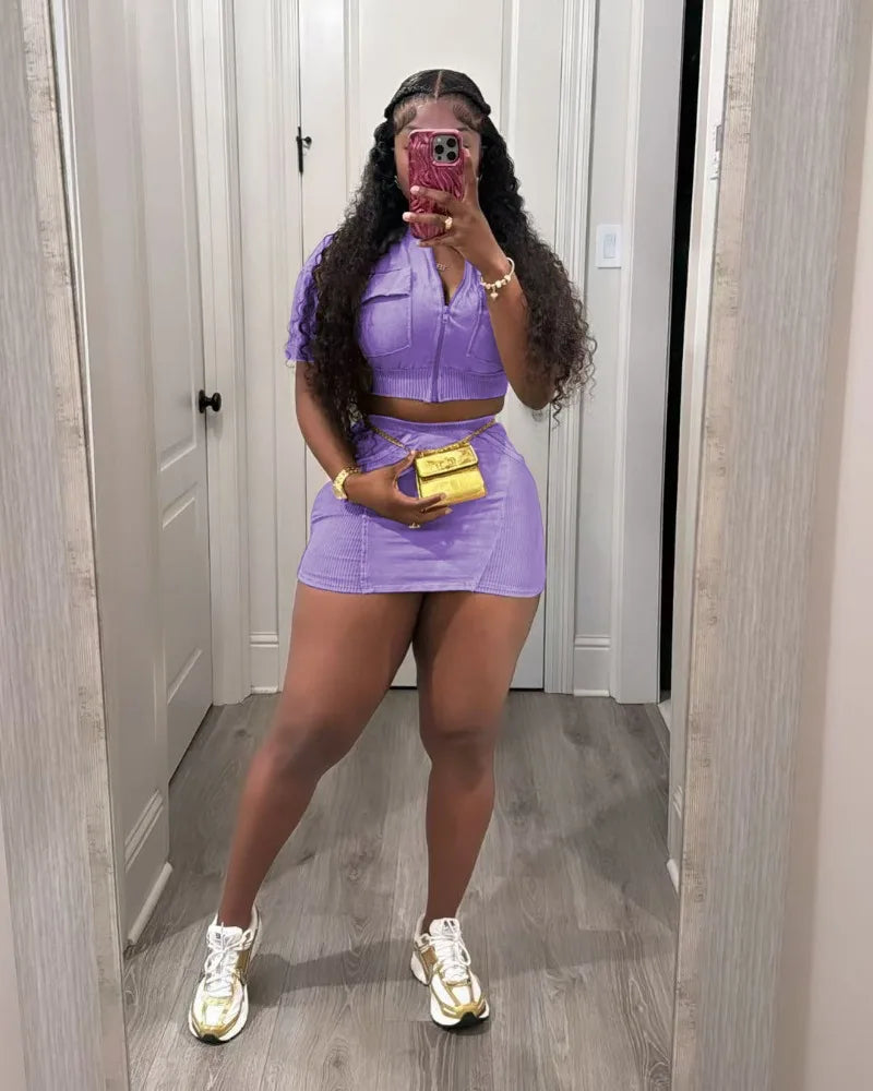 Women Solid Ribbed Patchwork 2 Piece Set Zip-up Short Sleeve Pockets Slim Crop Tops + Bodycon Mini Skirts Casual Streetwear Suit