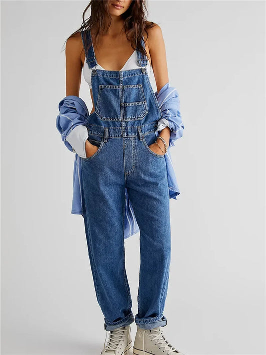 Denim Jumpsuit y2k Women Solid Color Sleeveless High Waist Romper Pants Jeans Bib Overalls with Pockets Streetwear