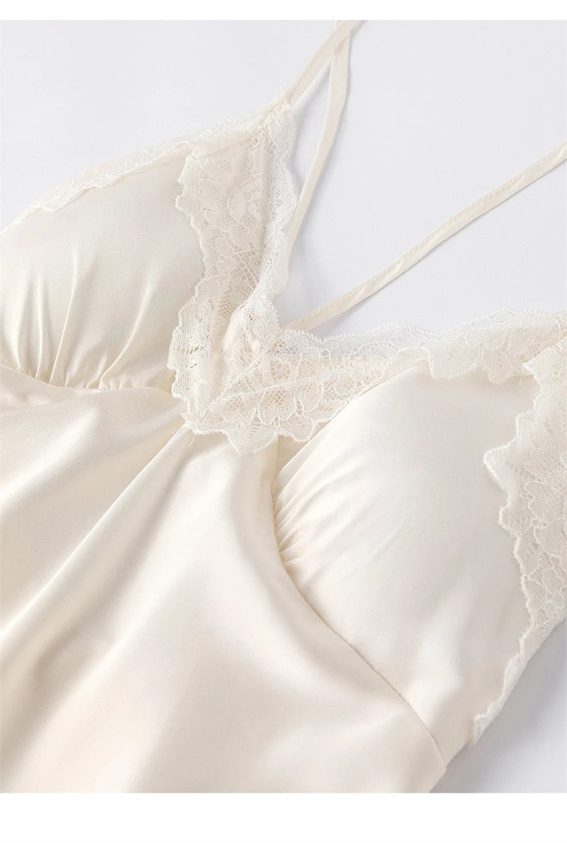 New Female Long Robe Nightgown Set Sexy Lace Trim Sleepwear Suspender Nightdress Spring Summer Casual Satin Home Dress Bathrobe