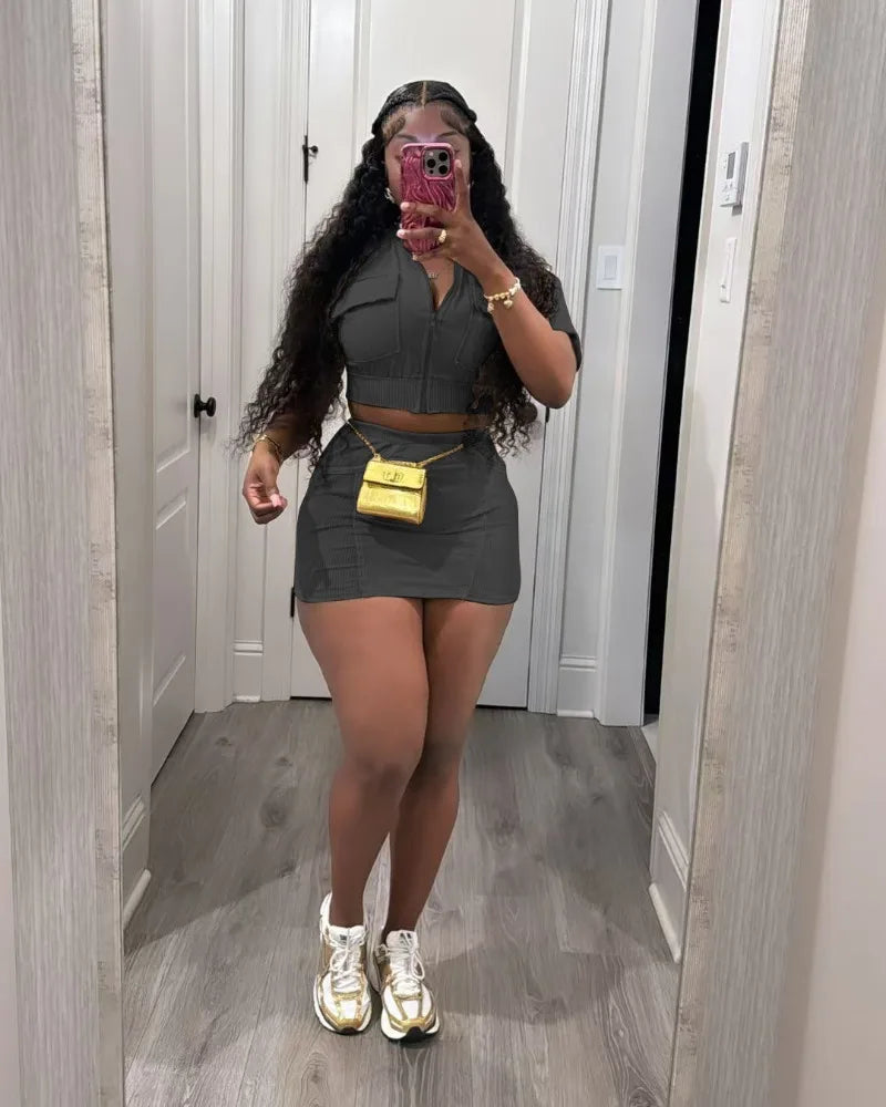 Women Solid Ribbed Patchwork 2 Piece Set Zip-up Short Sleeve Pockets Slim Crop Tops + Bodycon Mini Skirts Casual Streetwear Suit