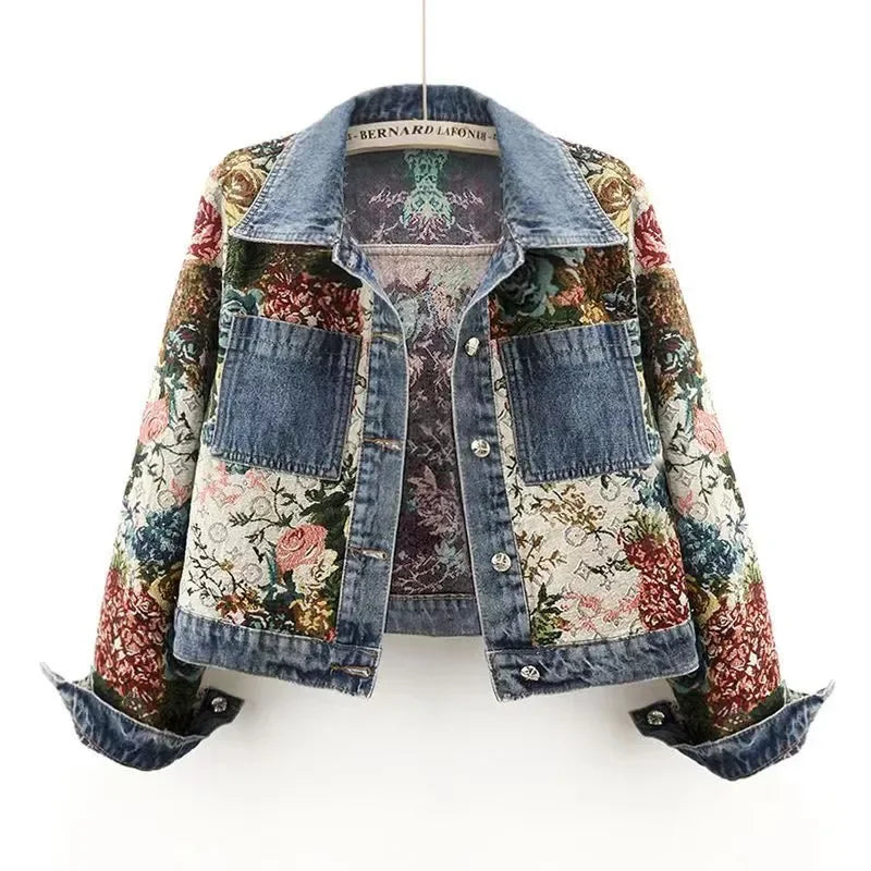 2024 Spring Autumn New Printing Short Denim Jacket Women Fashion Loose Leisure Coat Patchwork Button Vintage Outerwear Female