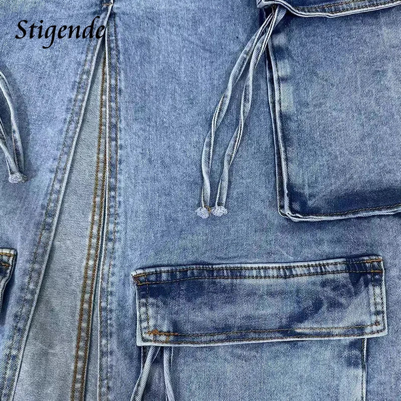 Stigende Women's High Split Ripped Denim Maxi Skirt with Multiple Pockets Distressed Lace Up Jeans Cargo Skirt Y2k