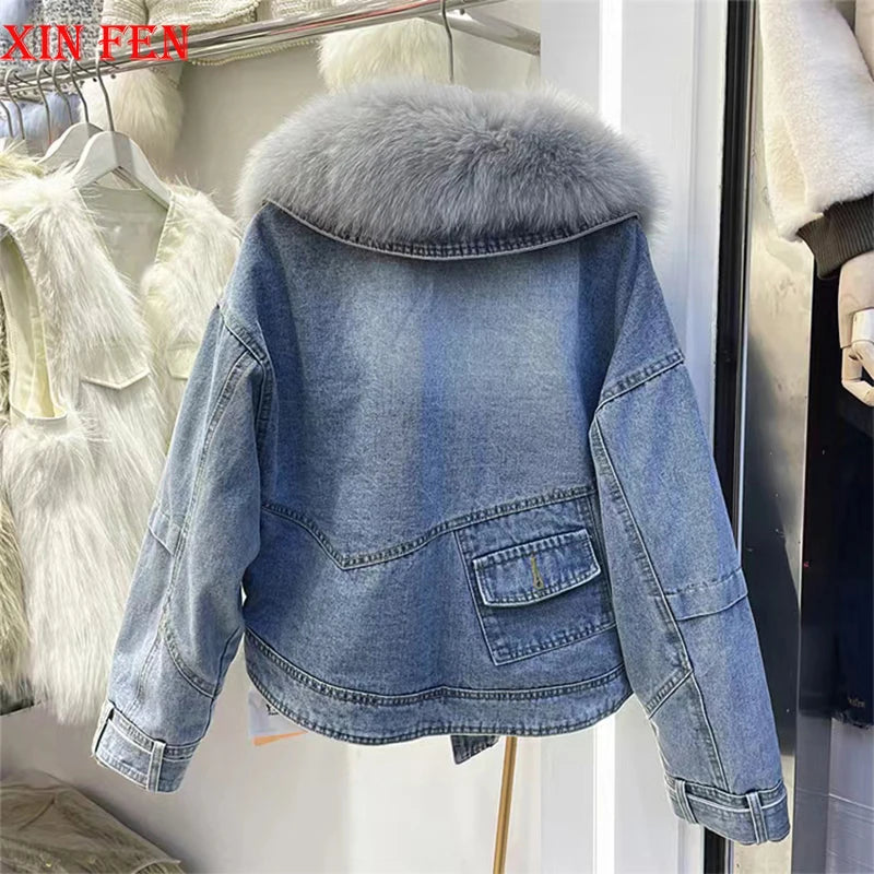 Womens Coats Spring 2025New 100%Natural Real Fox Fur Collar Fashion Short Denim Jacket Luxury Goose Down Puffer Jackets Clothing