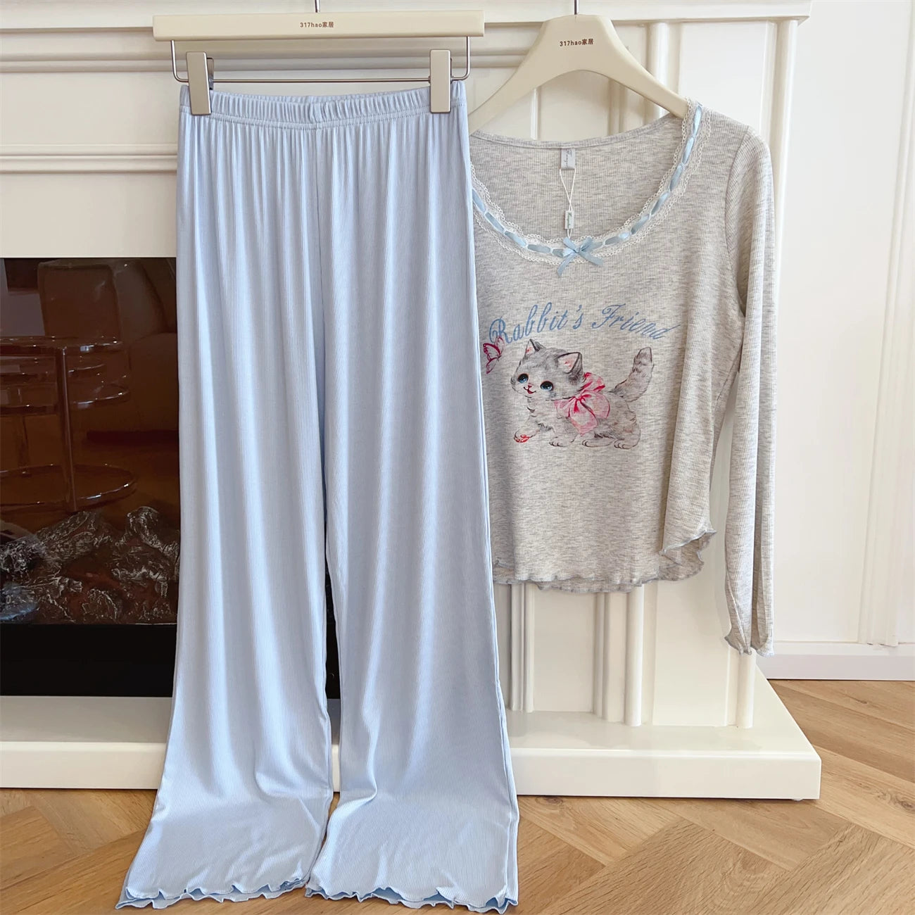 Modal Pajama Sets Sweet Cat Loose Long Sleeve Round Collar Bow Short T Shirt Women's Spring and Autumn Soft Sleepwear