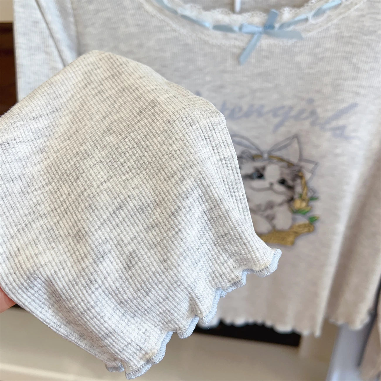 Modal Pajama Sets Sweet Cat Loose Long Sleeve Round Collar Bow Short T Shirt Women's Spring and Autumn Soft Sleepwear