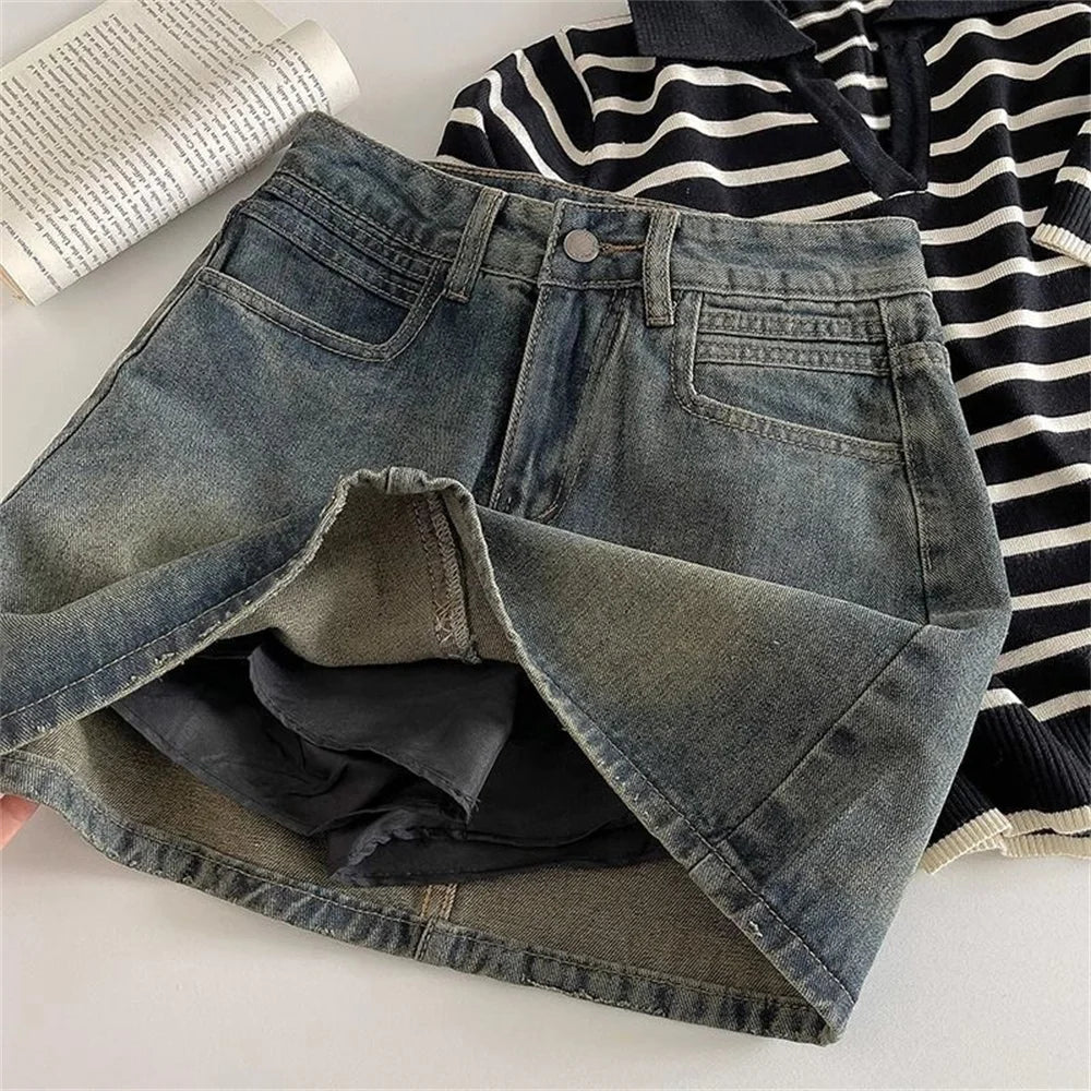 2024 Spring New Women High Belt Anti-exposure Short dress Retro Dark Fashion Solid color Short A Word Denim Skirt
