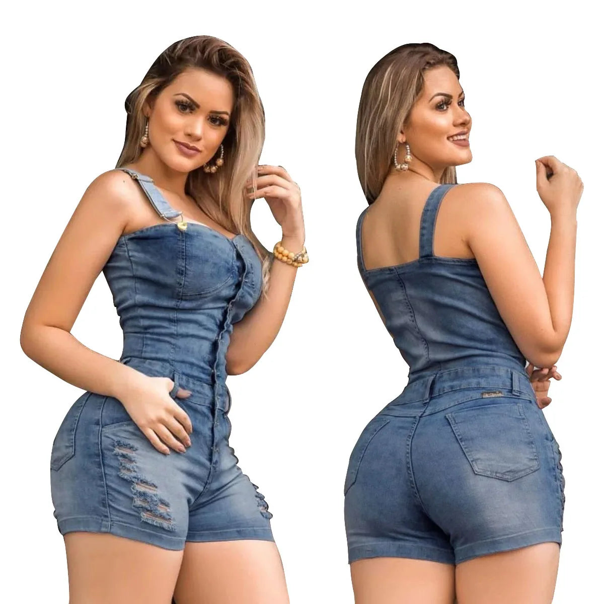 Women Jumpsuit Summer Fashion Thin Strap Buttoned Distressed Casual Sleeveless Pocket Design Streetwear Denim Romper Y2K