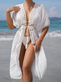 Summer Dress Lady Crochet Boho Beach Swimsuit Bikini Cover Up Lace-Up Long Blouse Hollow Out Open-Front Cover-Up Duster Kimono