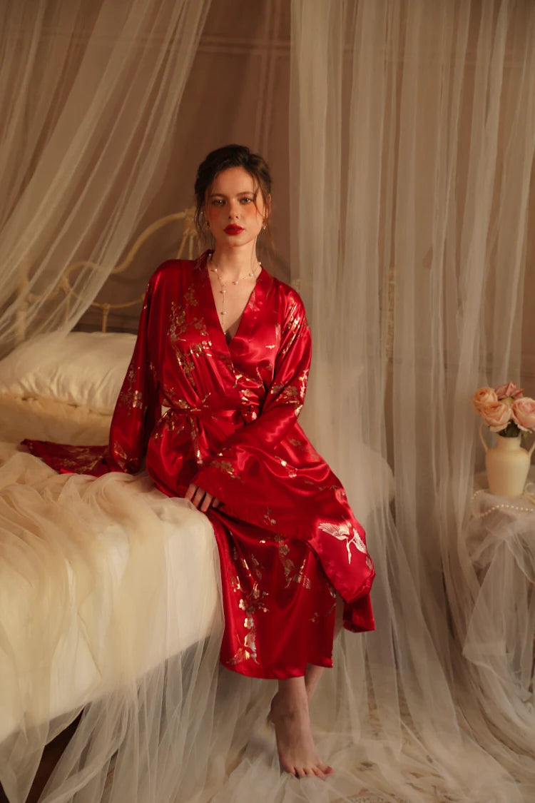 Bronzing Floral Kimono Robe Chinese Style Dress Big Sleeve Nightgown Lady Satin Homewear Bride Wedding Bathrobe Gown Loungewear