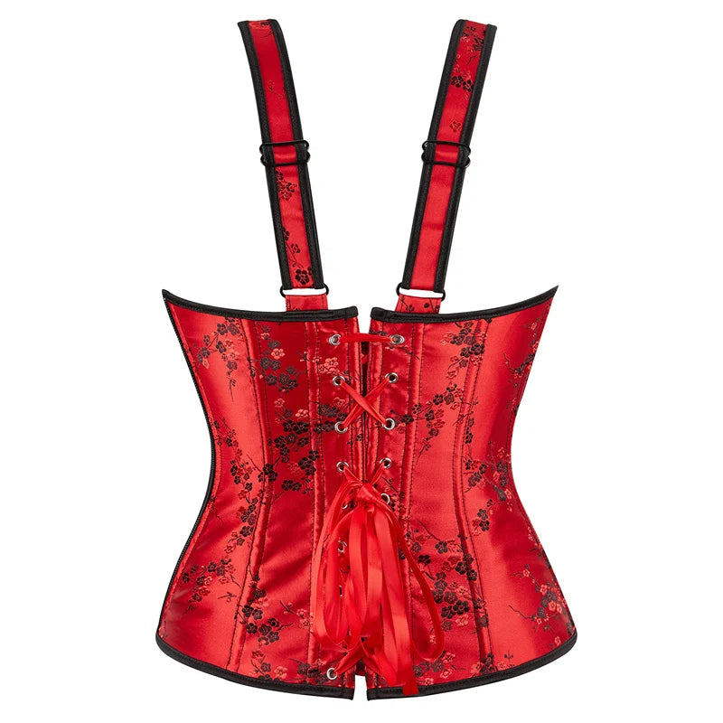 Corset Top Plus Size Sexy Lingerie Women Bustier Strap Embroidery Flower Overbust Corselet Vintage Fairy Burlesque Red Black