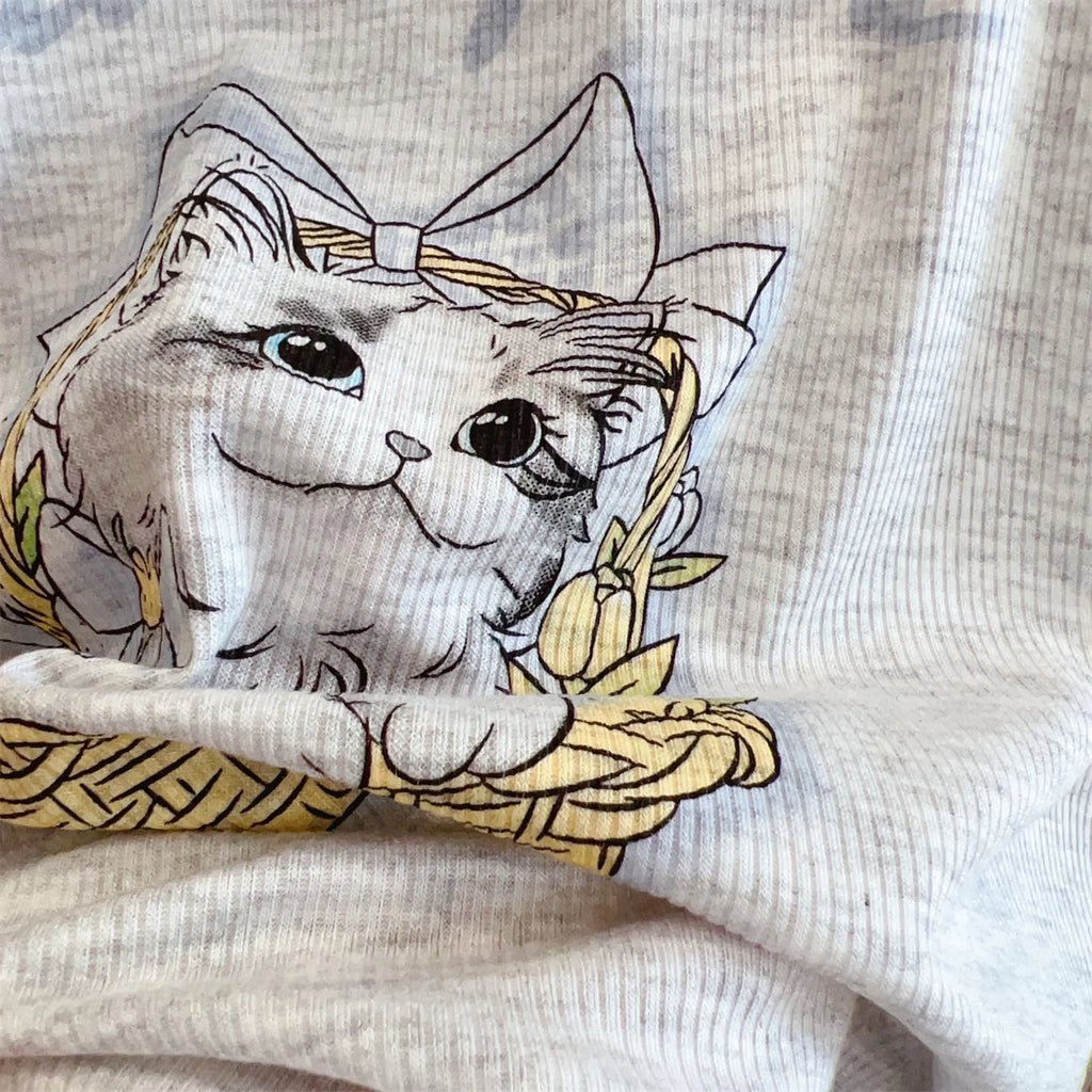 Modal Pajama Sets Sweet Cat Loose Long Sleeve Round Collar Bow Short T Shirt Women's Spring and Autumn Soft Sleepwear