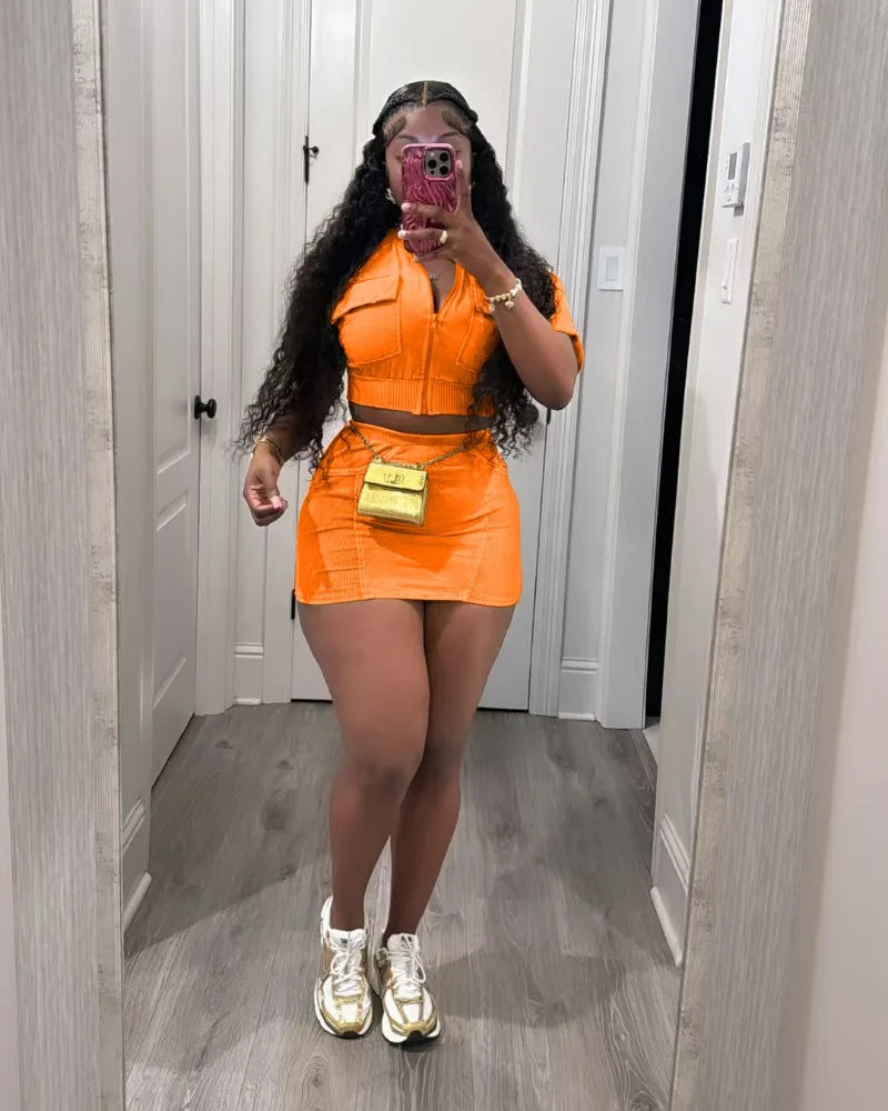 Women Solid Ribbed Patchwork 2 Piece Set Zip-up Short Sleeve Pockets Slim Crop Tops + Bodycon Mini Skirts Casual Streetwear Suit
