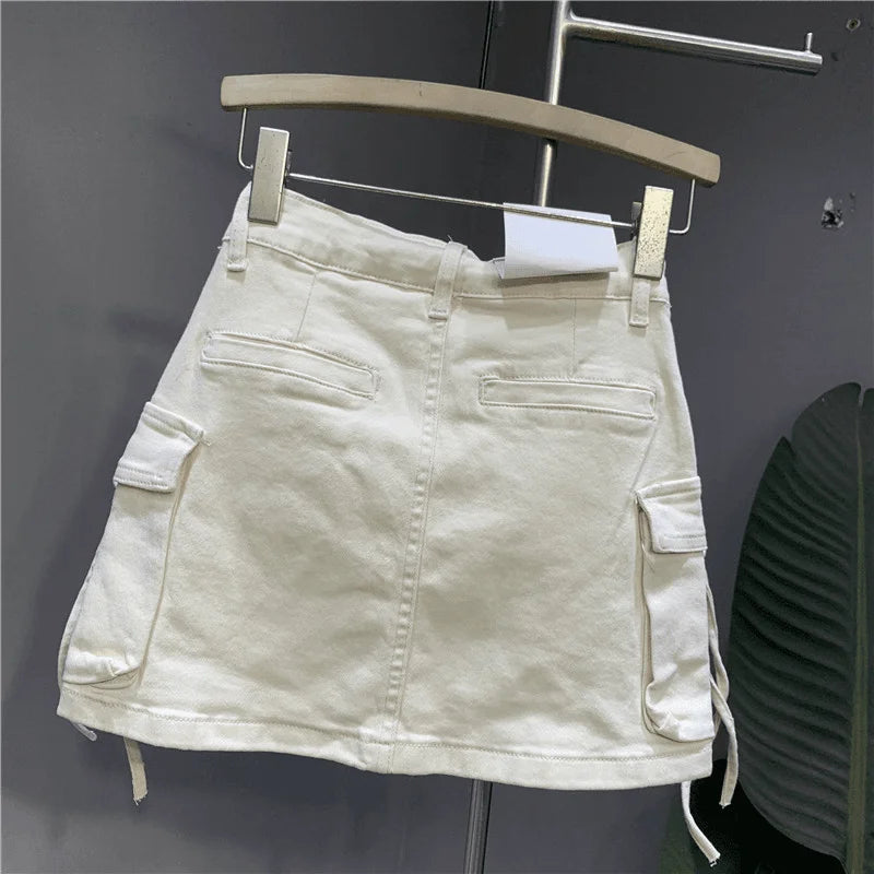 Zipper Fly Denim SKirts with Button Women's Denim Cargo Skirts with Pockets Sexy Mini A-line Jean Skirts Female Streetwear