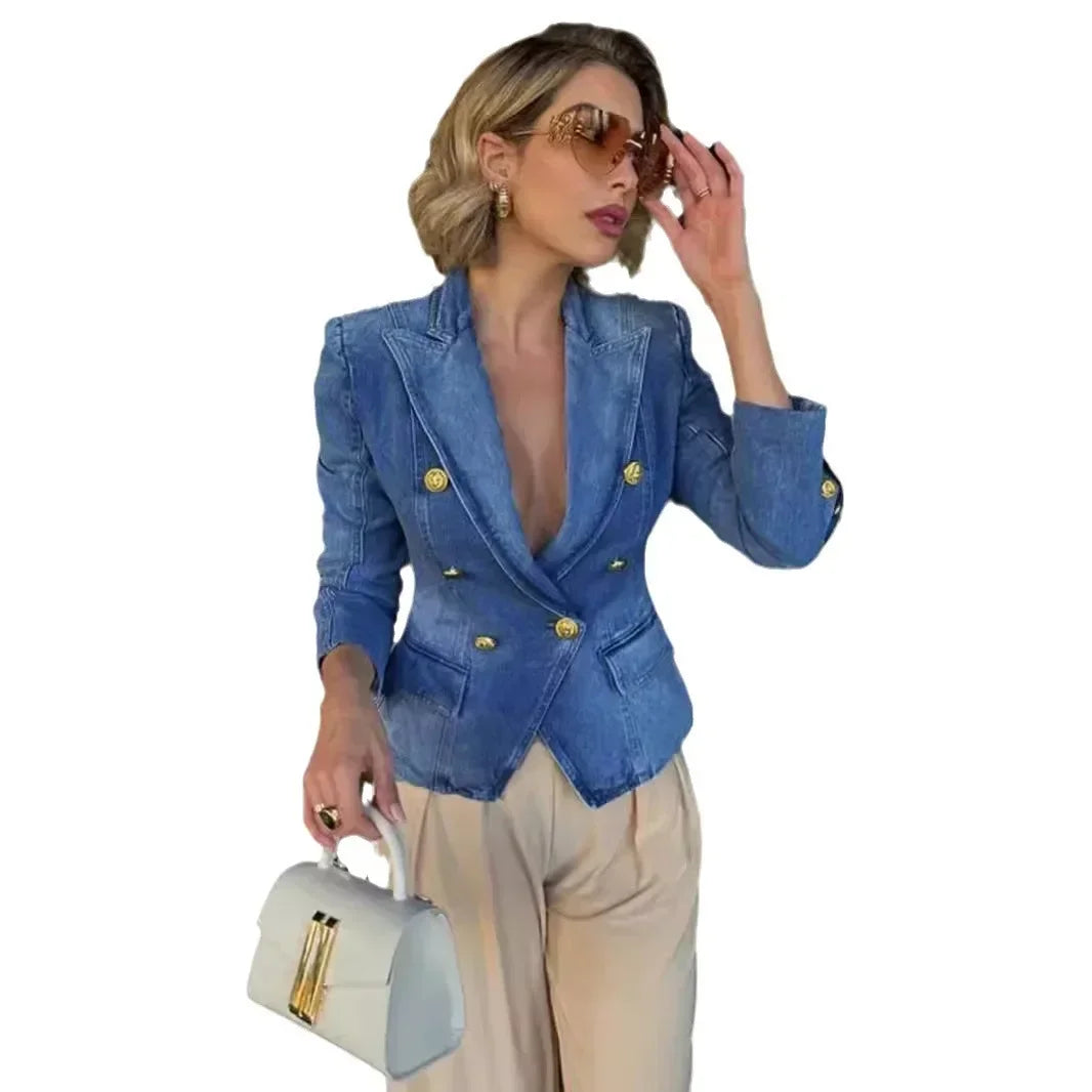 Autumn Winter Women's Clothes Denim Jacket Suit Double Breasted Blazer Long Sleeve Fashion Jackets