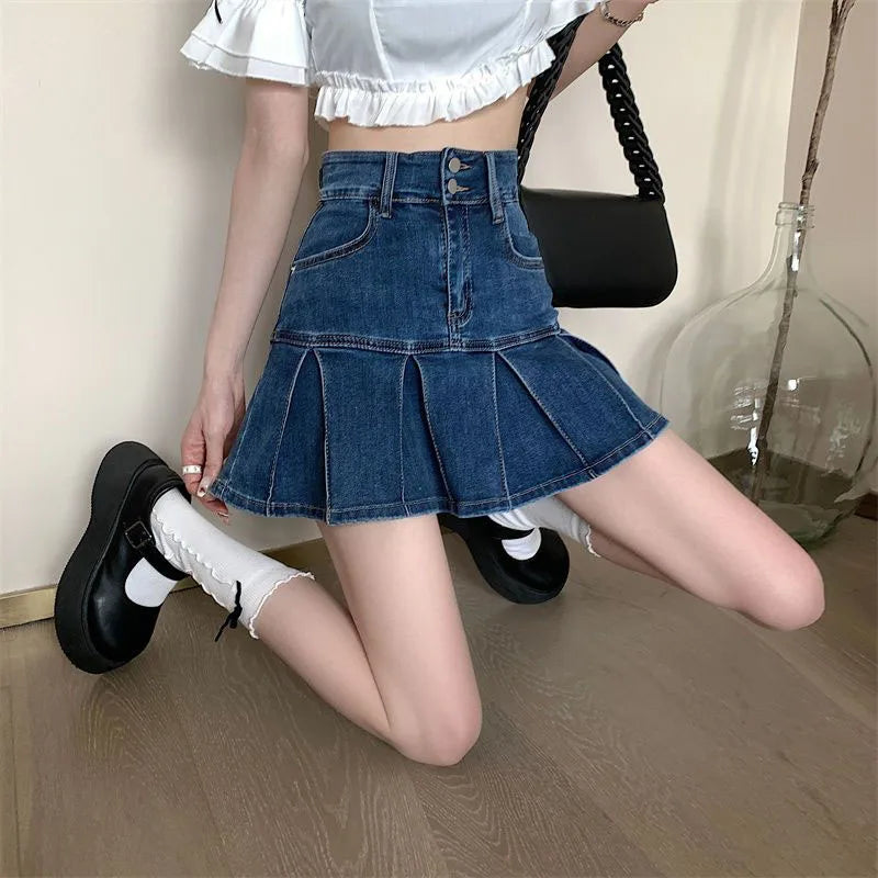 Lucyever Korean Style Pleated Denim Skirt Ladies Fashion High Waist A-Line Mini Skirts Women 2025 Summer New Jean Short Skirts