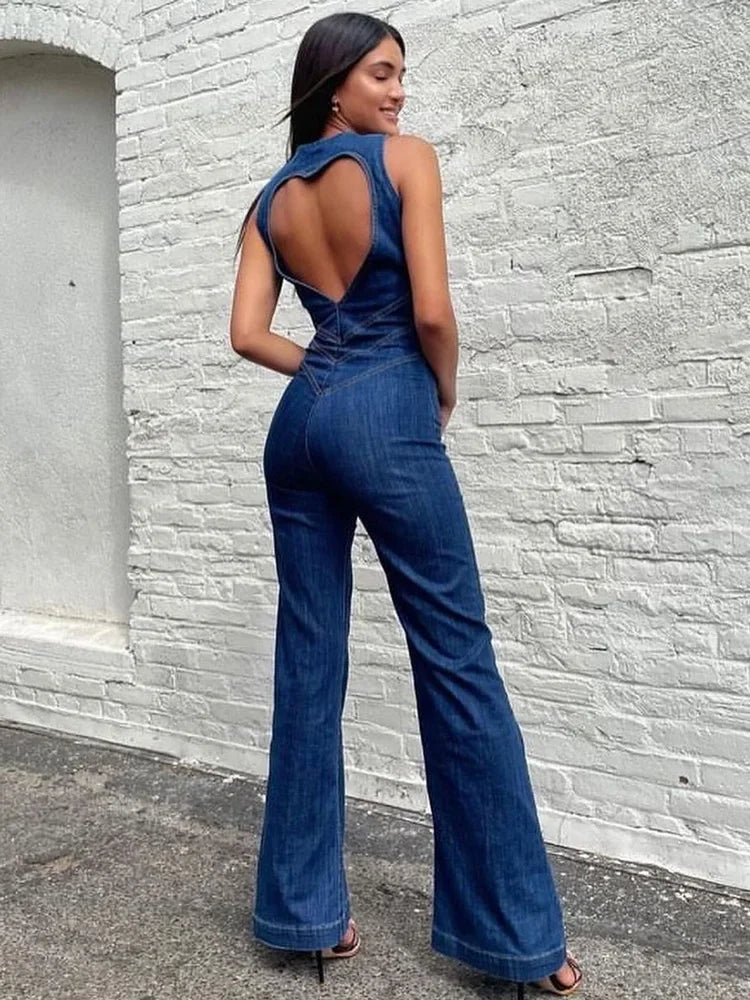 TARUXY Backless Heart Cutout Bodycon Jumpsuit For Women Casual Sleeveless Slim One-Piece Outfits Retro Denim Jumpsuits New 2023