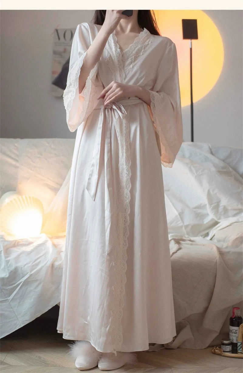 New Female Long Robe Nightgown Set Sexy Lace Trim Sleepwear Suspender Nightdress Spring Summer Casual Satin Home Dress Bathrobe