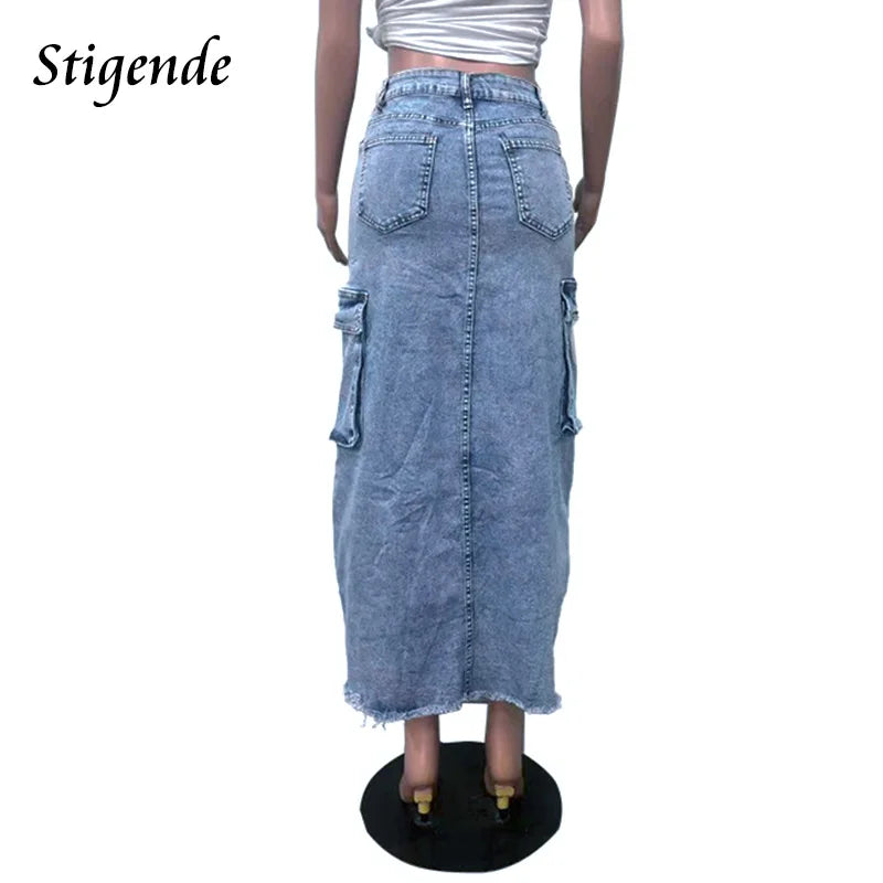 Stigende Women's High Split Ripped Denim Maxi Skirt with Multiple Pockets Distressed Lace Up Jeans Cargo Skirt Y2k