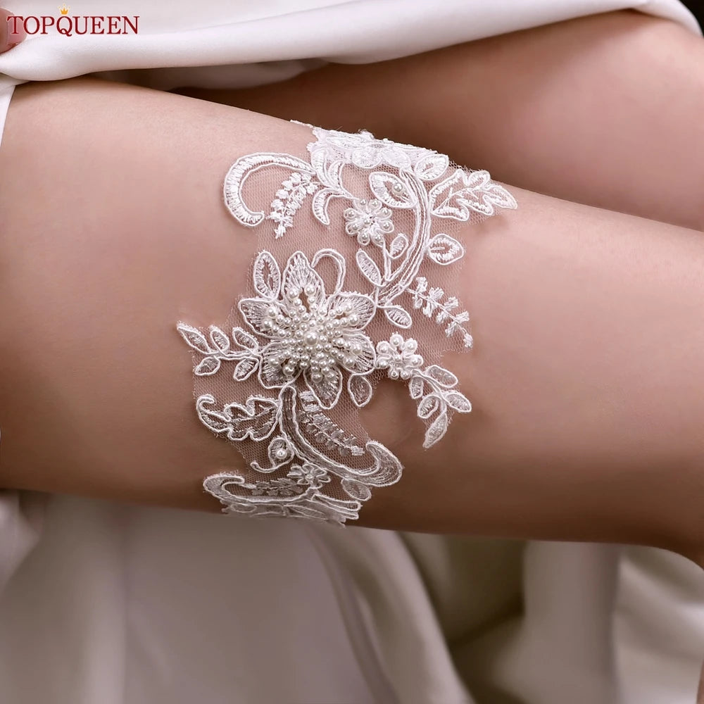 TopQueen ST66 Leg Ring Bride Sexy Lace Flower Rhinestones Pearls Wedding Garter Belt Bridal White Thigh Leg Accessories
