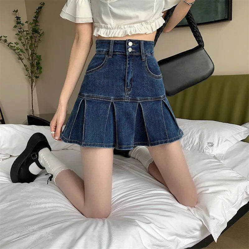 Lucyever Korean Style Pleated Denim Skirt Ladies Fashion High Waist A-Line Mini Skirts Women 2025 Summer New Jean Short Skirts